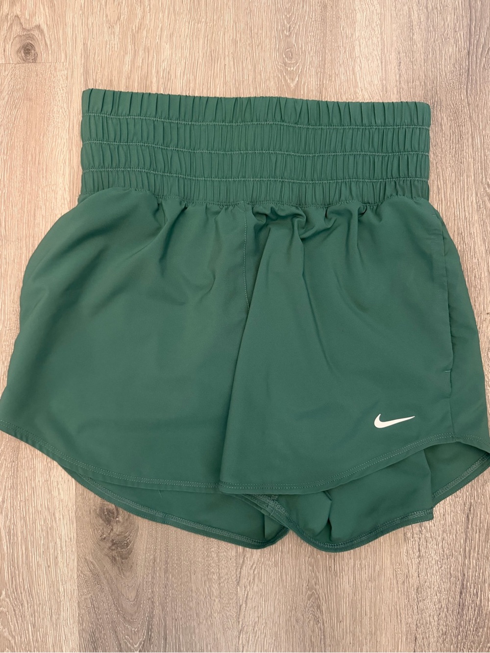 Nike Women's Forest Green Smocked-Waist Athletic Shorts